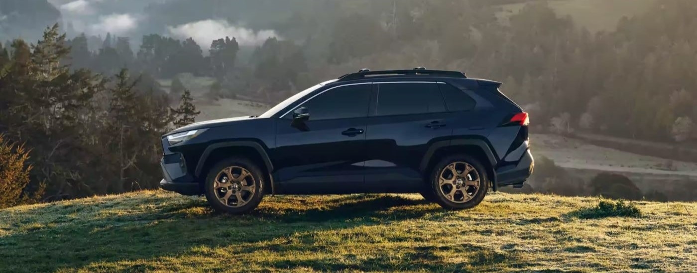 A blue 2024 Toyota RAV4 is shown from the side while parked off-road.