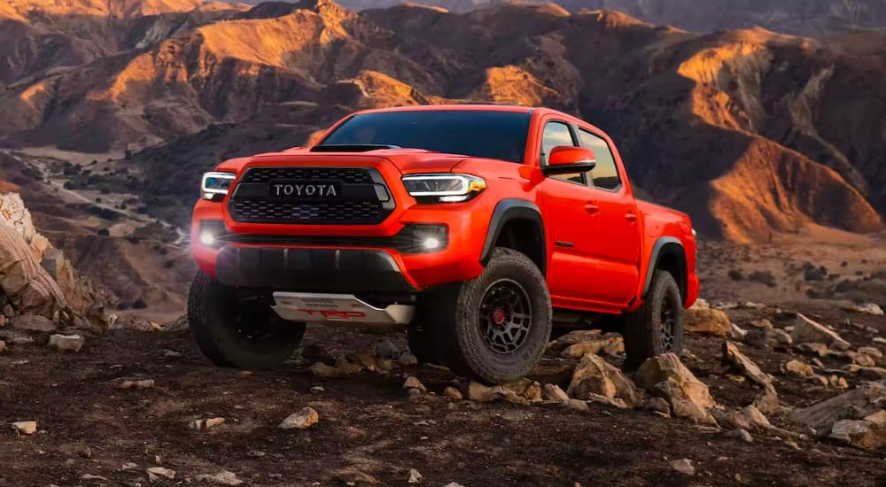 A red 2023 Toyota Tacoma TRD is shown driving up a hill.