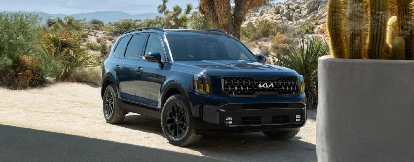 A dark blue 2024 Kia Telluride parked off-road and angled right.