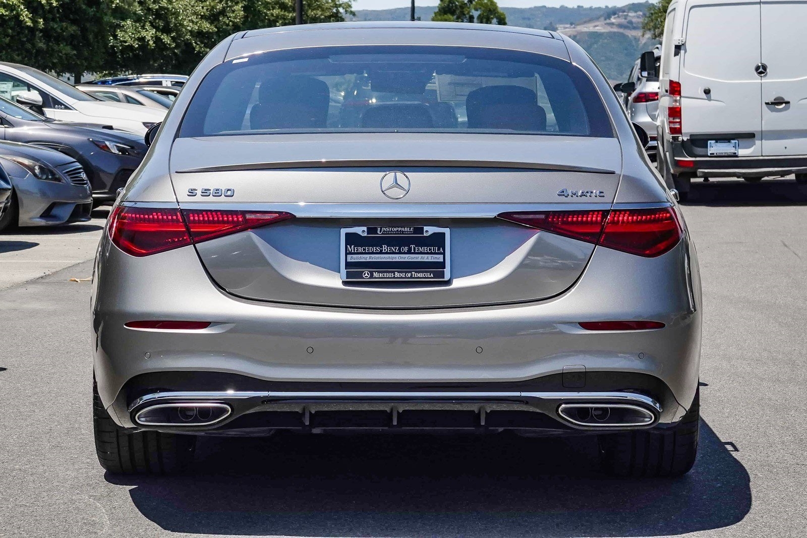 silver 2024 Mercedes S580 sedan parked at Mercedes-Benz of Temecula dealership in Temecula, CA