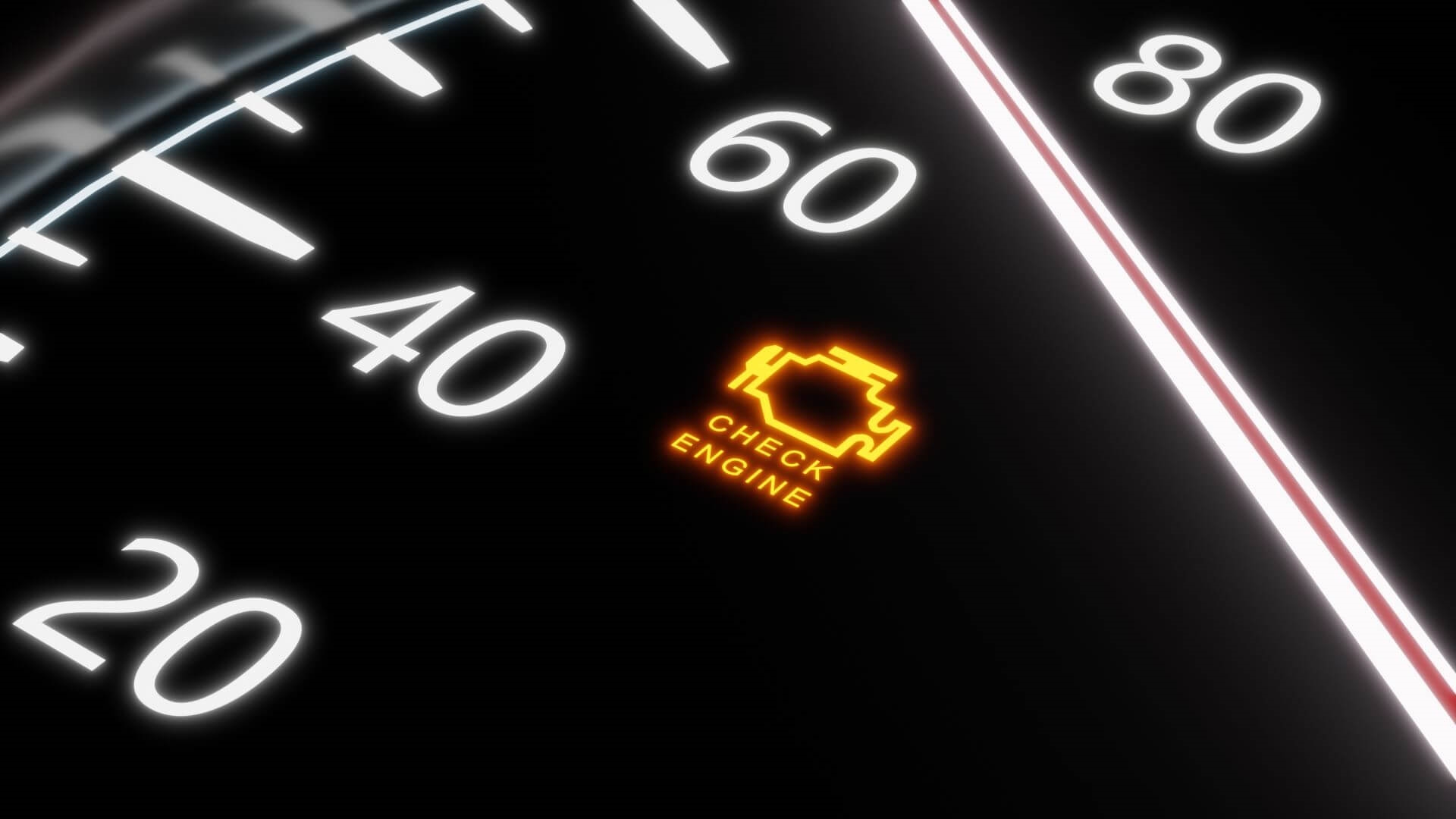 Speedometer with check engine light on within car's instrumentation panel.