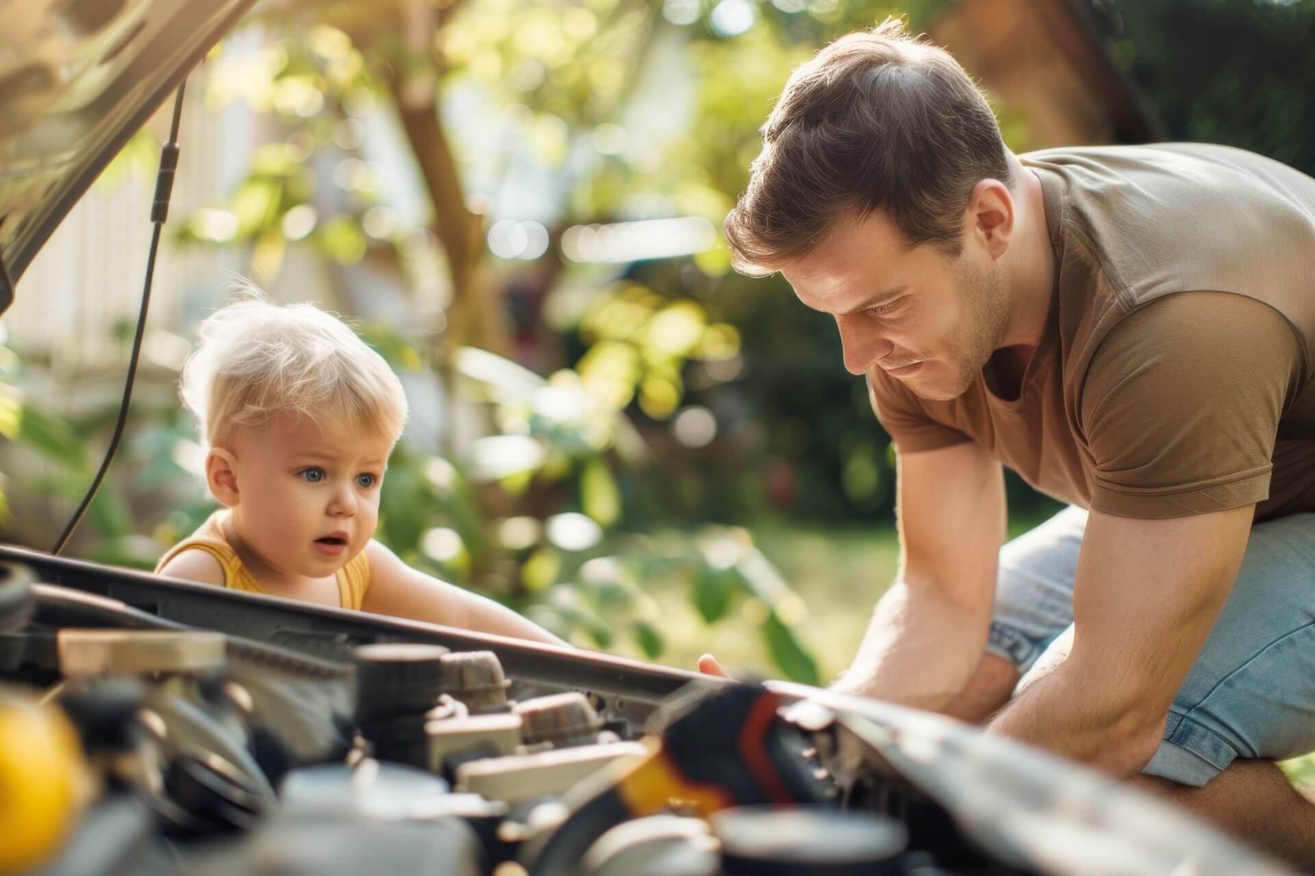 Man working on car next to baby on bright summer day.