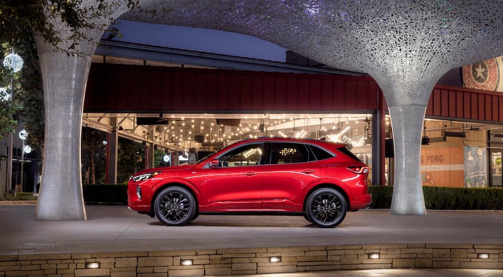 A red 2024 Ford Escape ST is shown from the side while parked.