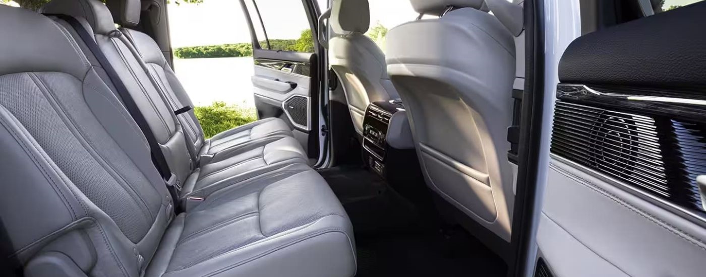 The rear grey leather seats are shown in a 2024 Jeep Wagoneer.