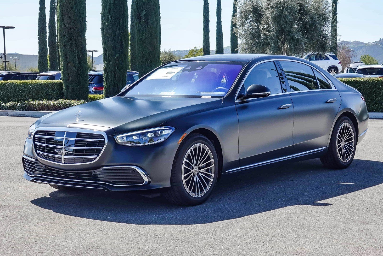 black mercedes s-class sedan parked at the Mercedes-Benz of Temecula dealership in temecula, CA