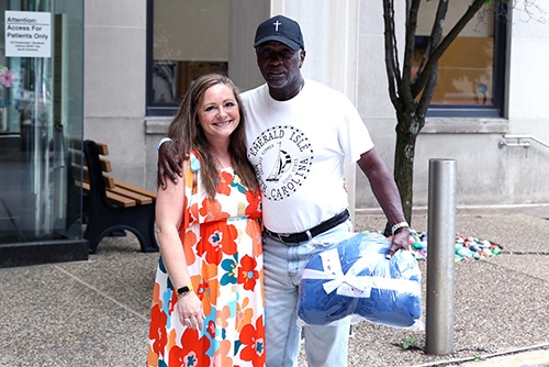 Man receiving blanket at Conemaugh Hospital