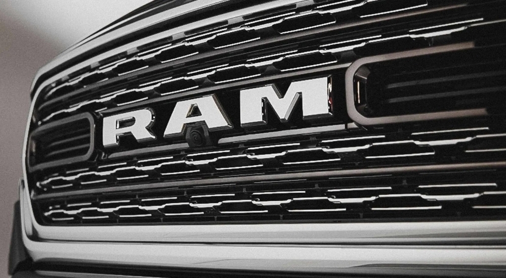 The grille of a 2022 Ram 1500 is shown in close-up.