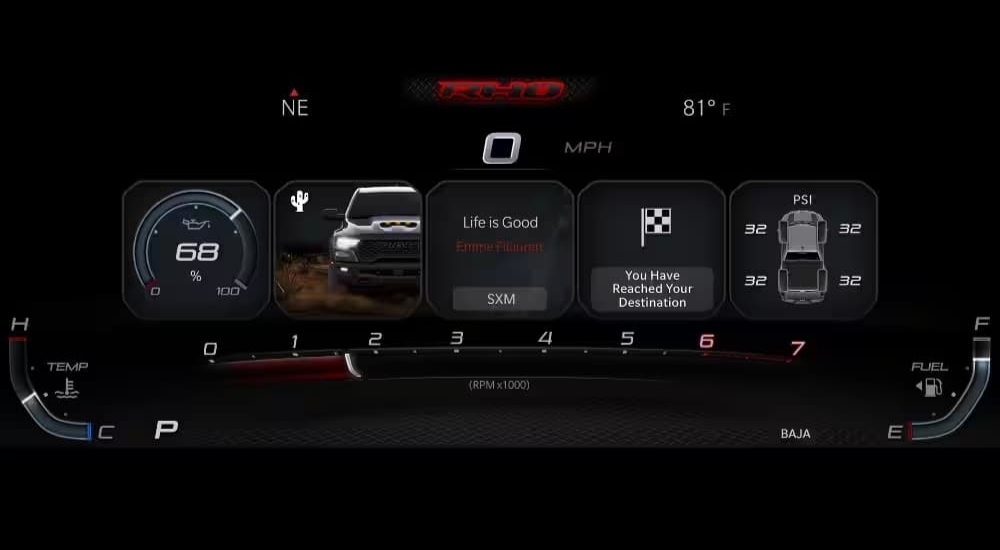 A close up shows the digital gauge cluster in a 2025 Ram 1500 RHO.