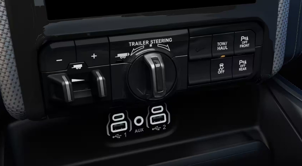 A close up of the trailering buttons in a 2024 Ram 2500.