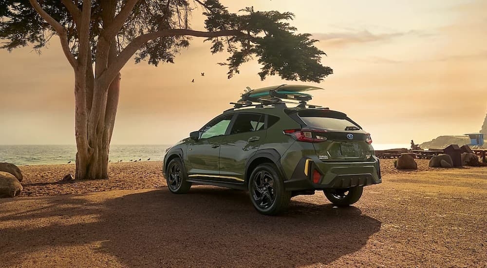 A green 2024 Subaru Crosstrek Wilderness is shown from the rear at an angle.