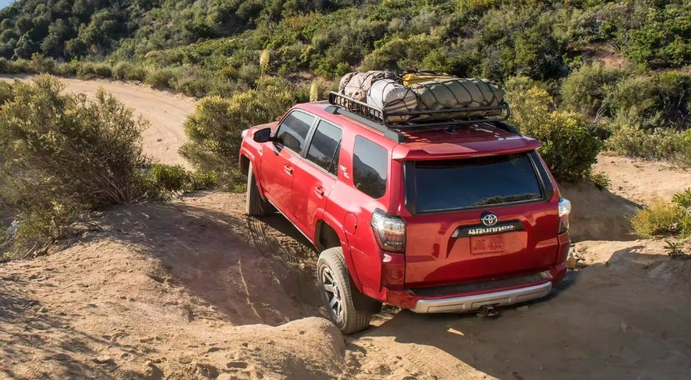 Rear angle view of a red 2024 Toyota 4Runner TRD Off-Road driving over a rut.