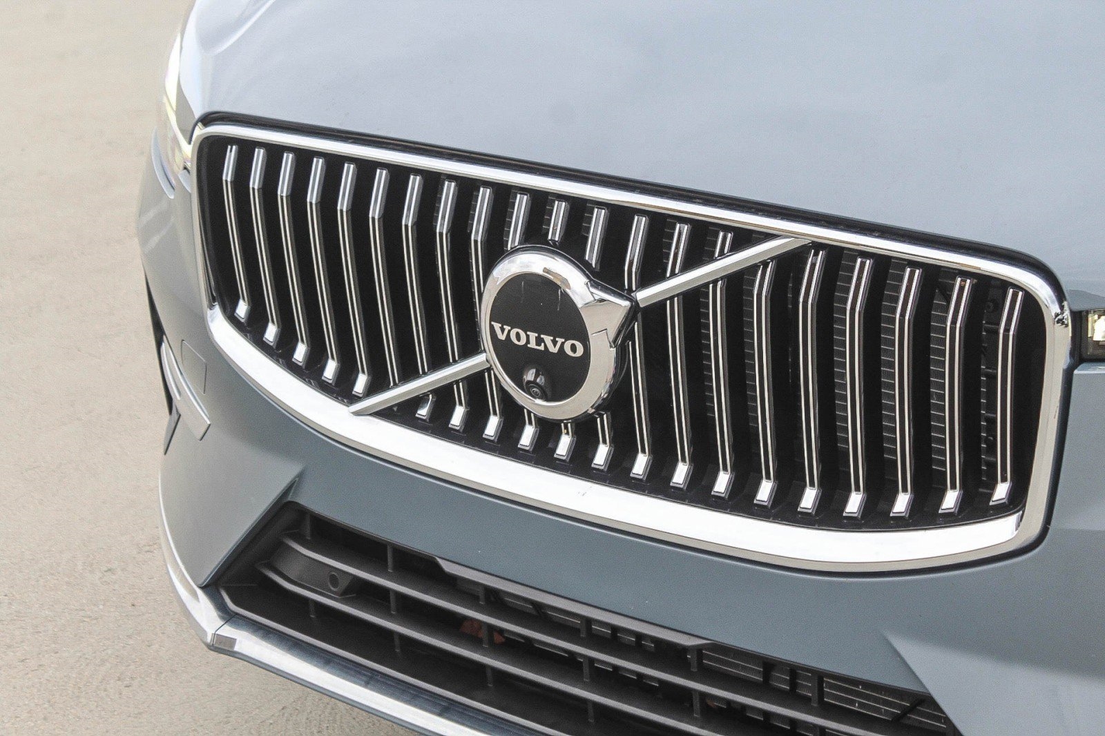 Volvo logo on the grill of a Volvo car at Volvo Cars Mission Viejo in Mission Viejo, CA