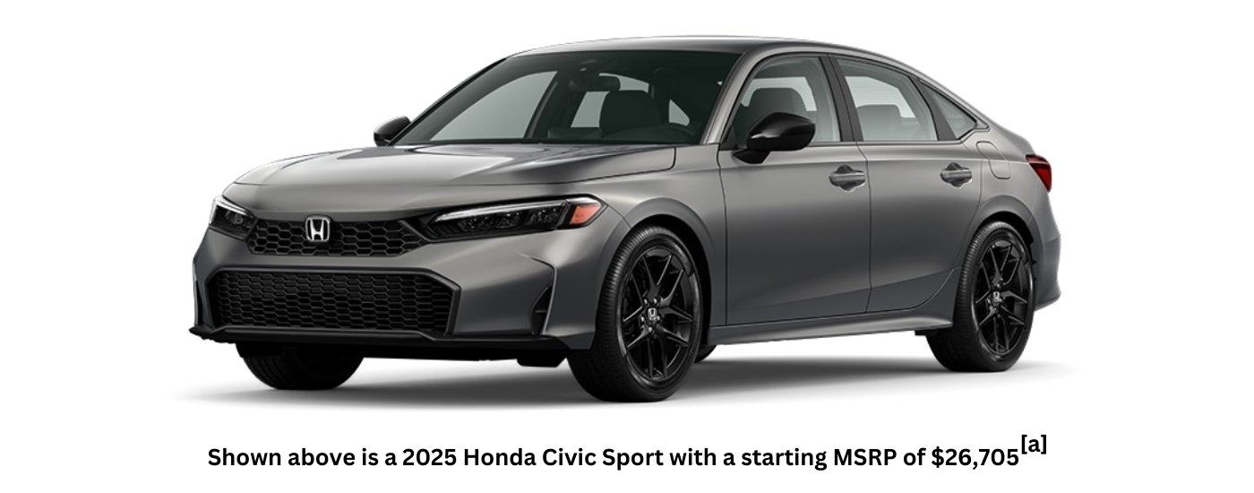 A grey 2025 Honda Civic Sport is angled left.