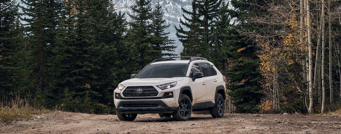 A white 2024 Toyota RAV4 TRD Off-Road is shown front he front at an angle.