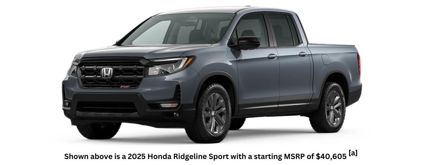 A grey 2025 Honda Ridgeline Sport is angled left.