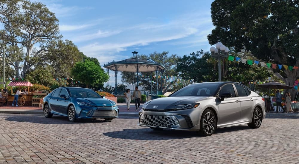 A grey and a black 2025 Toyota Camry parked beside each other.