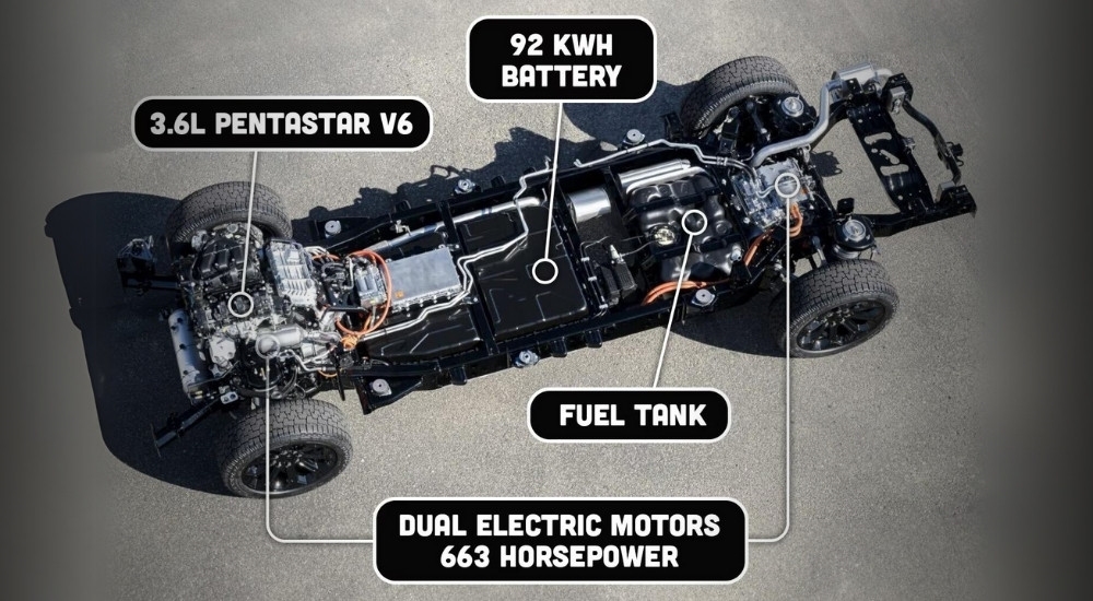 A close up shows undercarriage detials on a 2025 RAMCharger.