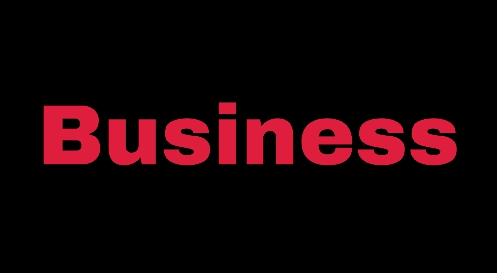 Red business text is shown against a black background.