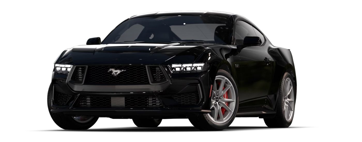 A black 2024 Ford Mustang GT Premium is angled left.