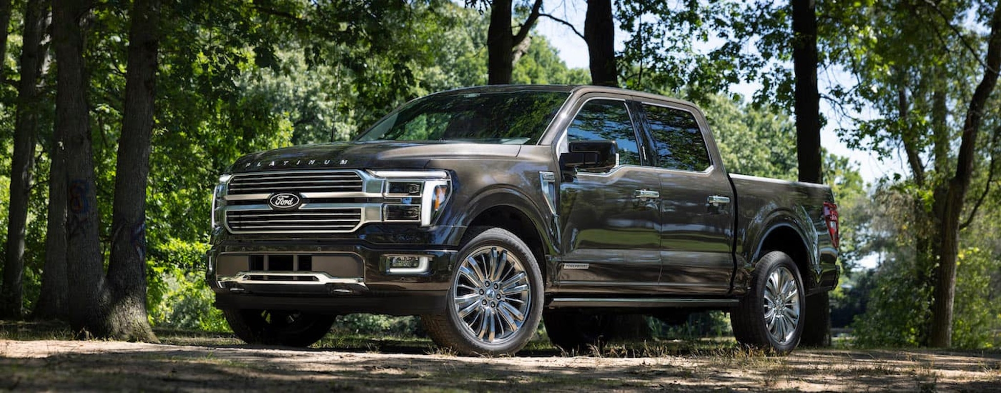 A grey 2024 Ford F-150 Platinum is shown from the front at an angle after leaving a Ford dealer near Walpole.