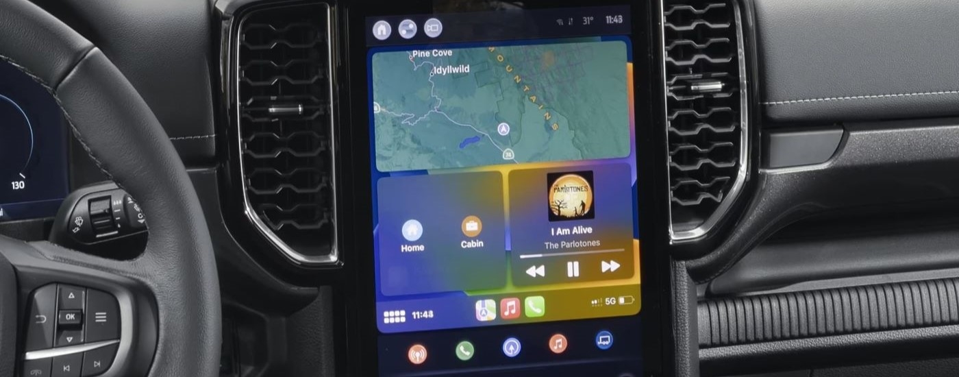 A close up shows the infotainment screen in a 2024 Ford Ranger.