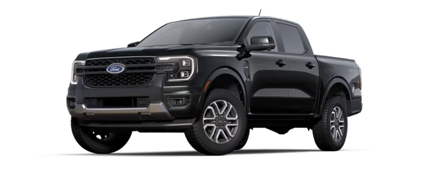 A black 2024 Ford Ranger Lariat is angled left.