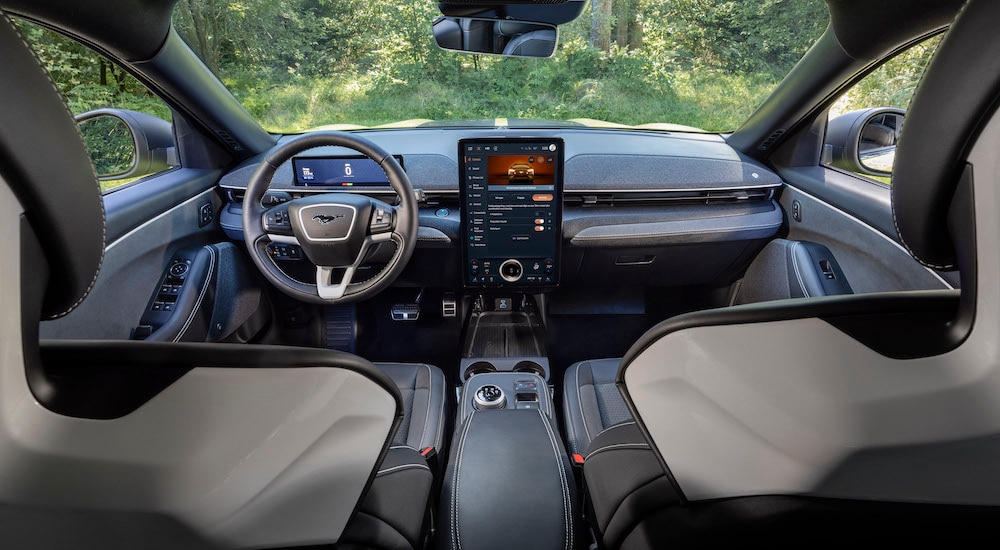 The interior of a 2024 Ford Mustang Mach-E Rally is shown from above the center console.