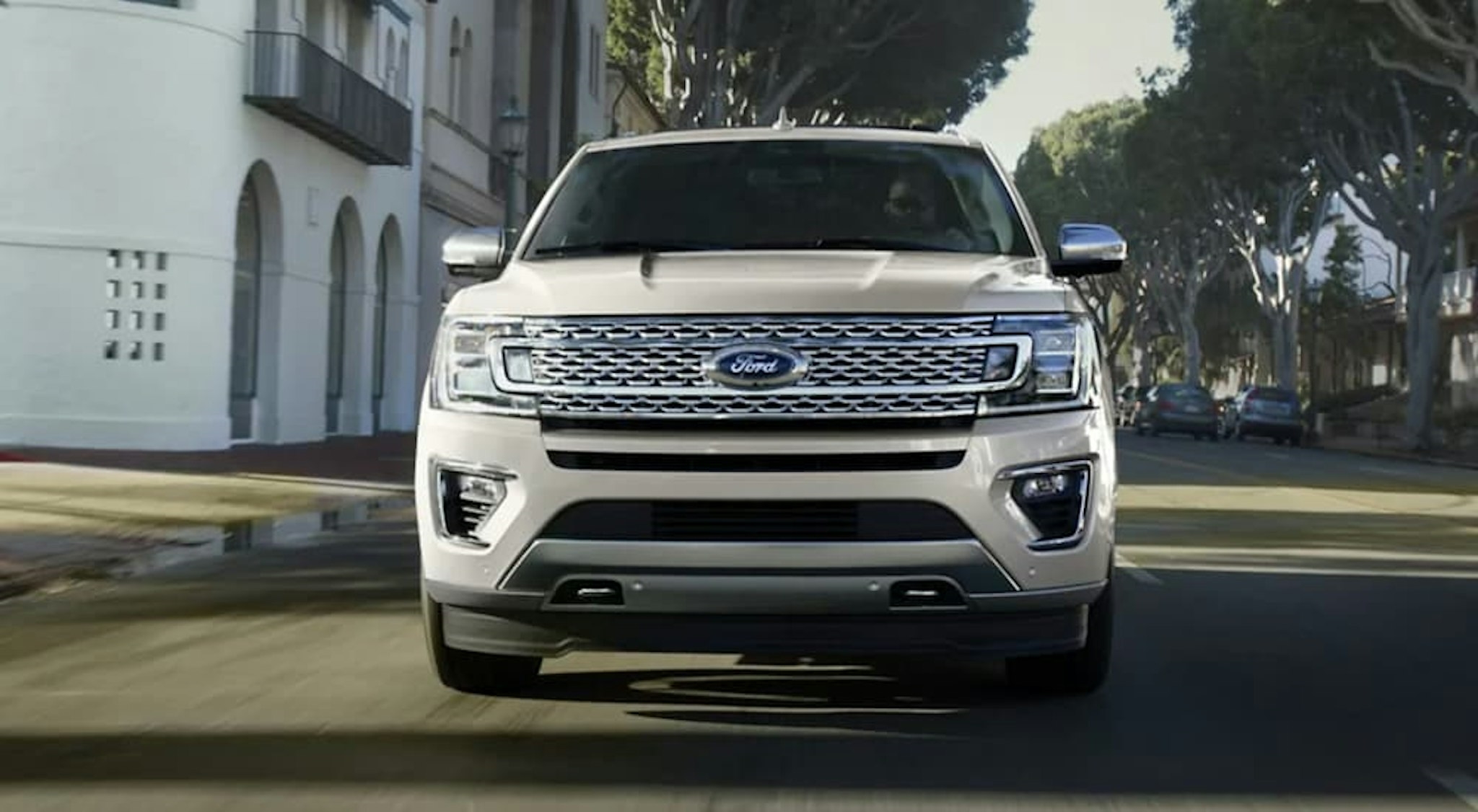 A white 2021 Ford Expedition is shown from the front.