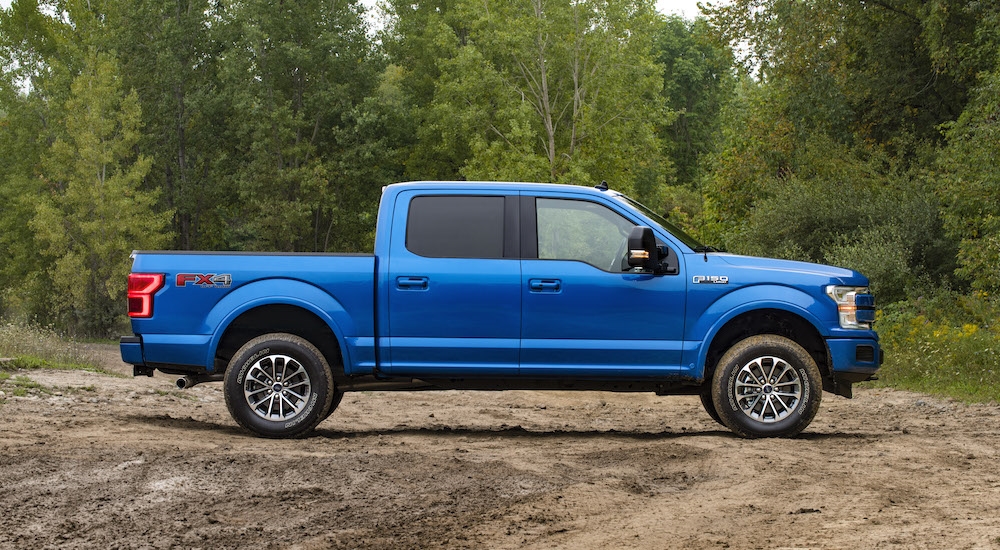 A blue 2019 Ford F-150 FX4 is parked on dirt in the woods.