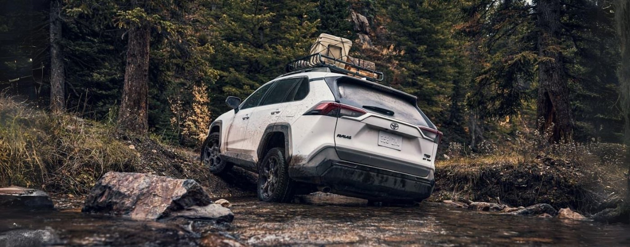 A white 2024 Toyota RAV4 TRD is shown from the rear off-roading.