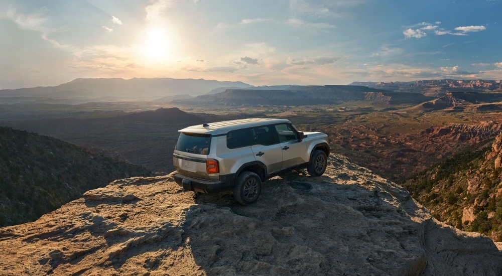 A silver 2024 Toyota Landcruiser is shown from the rear at an angle.