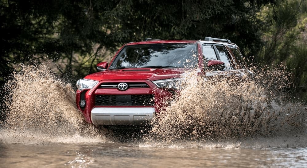 A red 2024 Toyota 4Runner TRD Off-Road is driving through a muddy puddle.