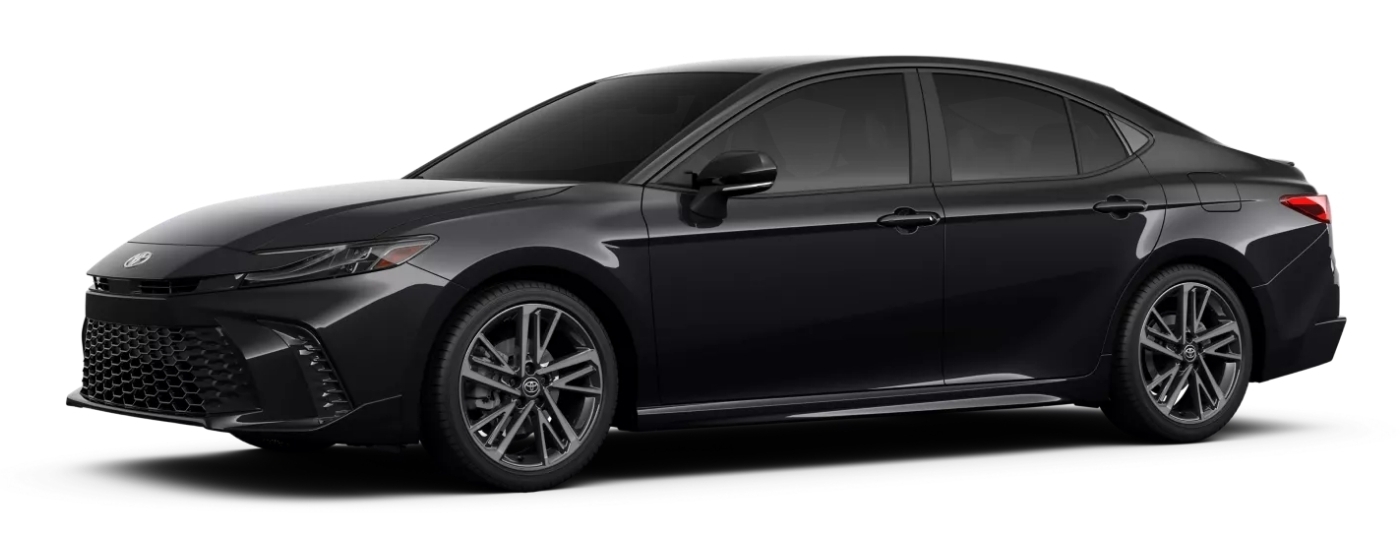 A black 2025 Toyota Camry XSE is angled left.