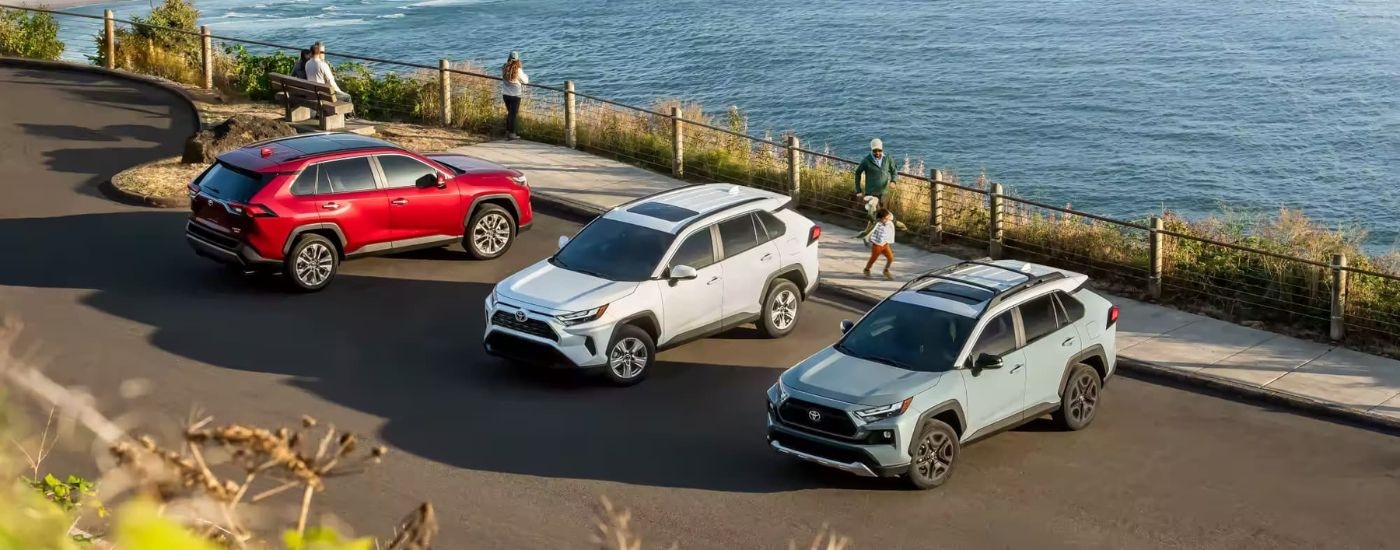 A red, a white, and a green 2024 Toyota RAV4 parked near a body of water.