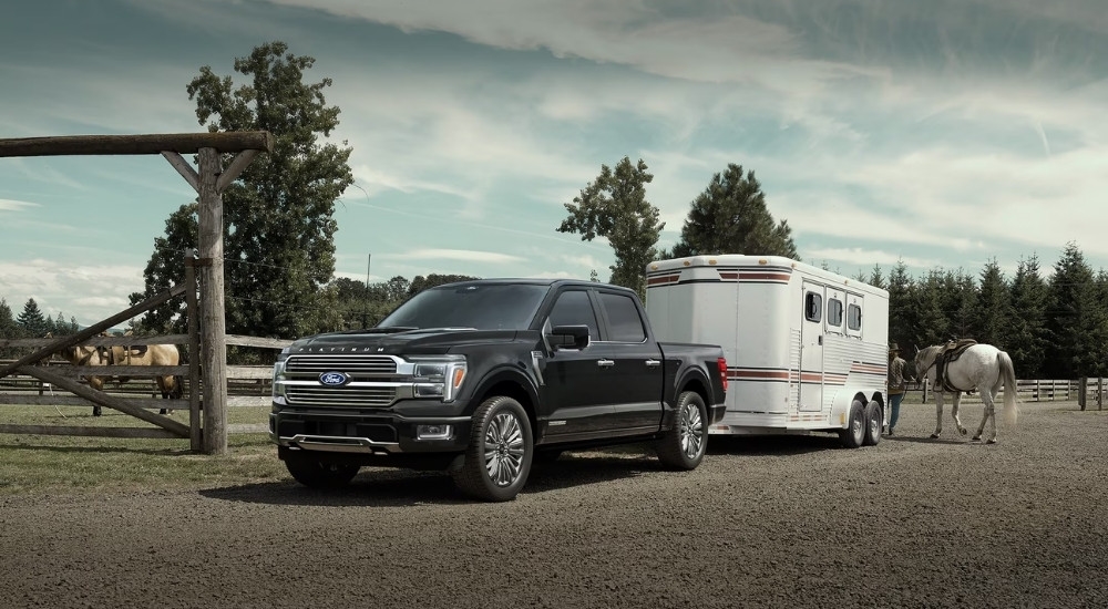 A black 2025 Ford F-150 Platinum is shown towing a trailer.