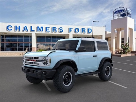 blue 2025 Ford Bronco SUV parked at the Chalmers Ford dealership in Albuquerque, NM