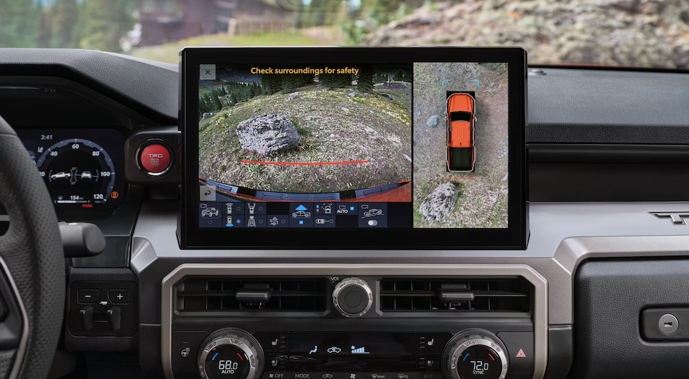 Close-up of the 360-degree camera view in a 2024 Toyota Tacoma iForceMAX TRD at a Toyota dealer near Bennington.