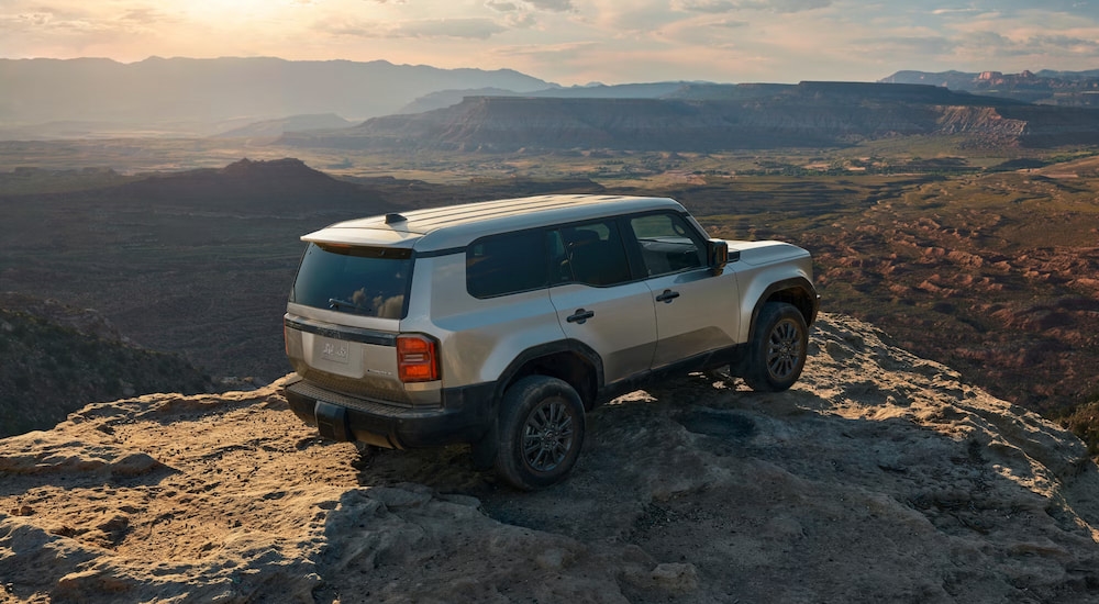 Rear view of a tan 2025 Toyota Land Cruiser parked on a cliff.