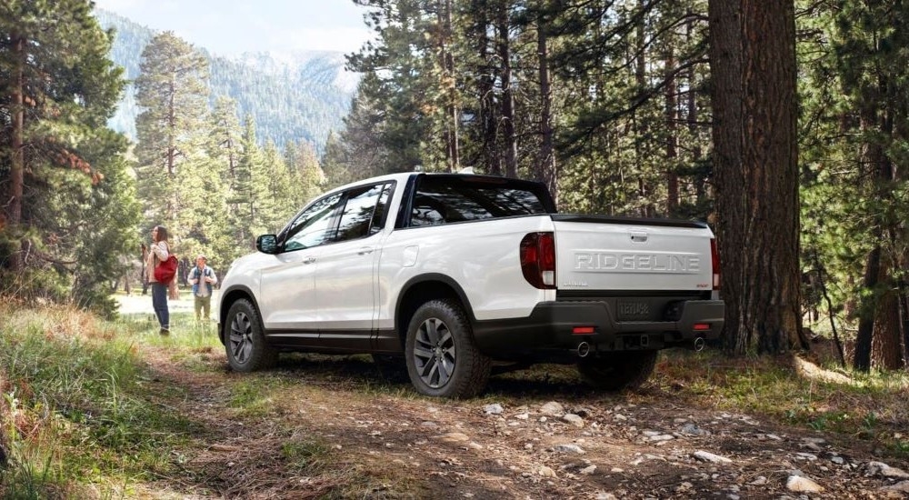 Rear view of a white 2025 Honda Ridgeline for sale parked in a forest.