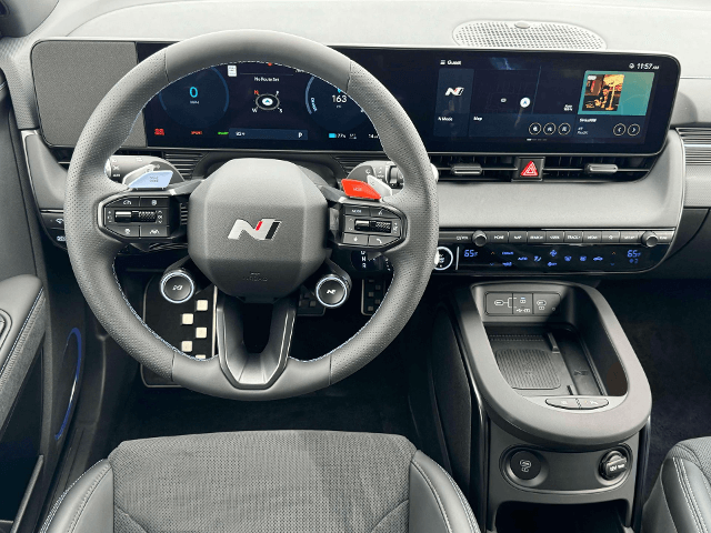 View from behind the wheel of the Ioniq 5 N, showcasing the comfortable and tech-forward ride features