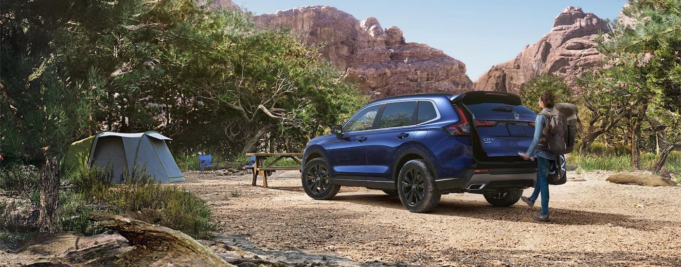 A blue 2024 Honda CR-V is shown from the rear at an angle.