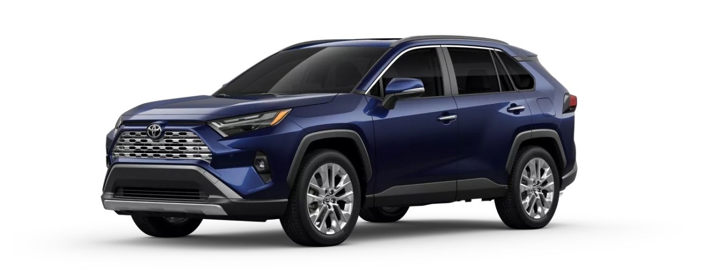 A blue 2025 Toyota RAV4 Limited is angled left on a white background.