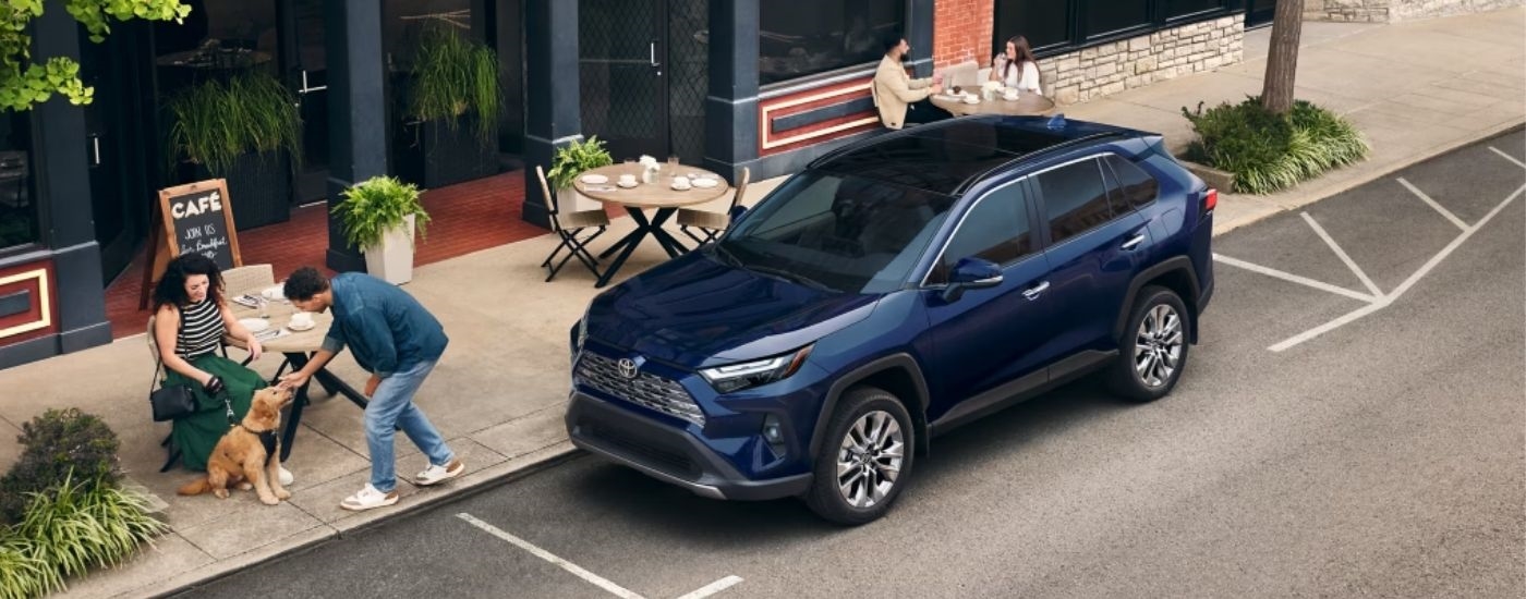 A blue 2025 Toyota RAV4 is parked on the side of a street next to a cafe.