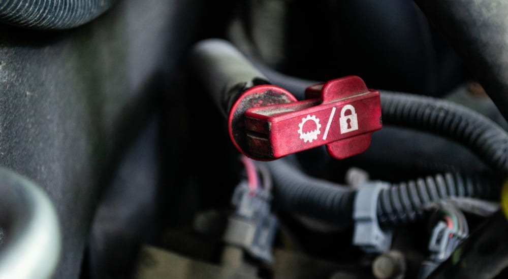 Close-up on a red transmission fluid wick.