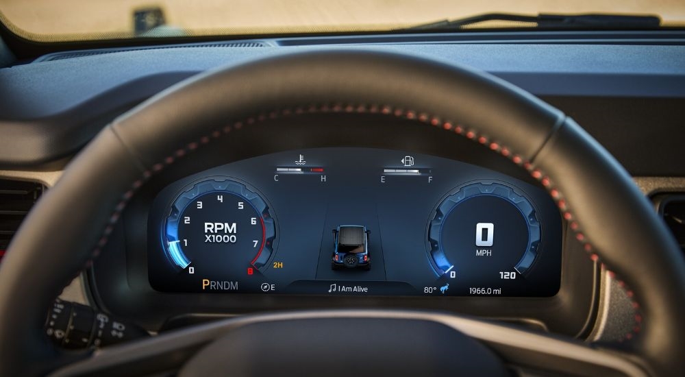 Close-up of the digital instrument cluster in a 2025 Ford Bronco Big Bend at a Ford dealer.