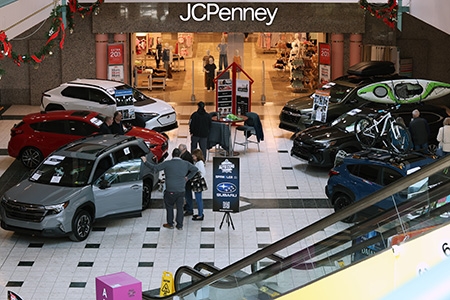 New Subaru models parked outside JCPenney at the Galleria Mall