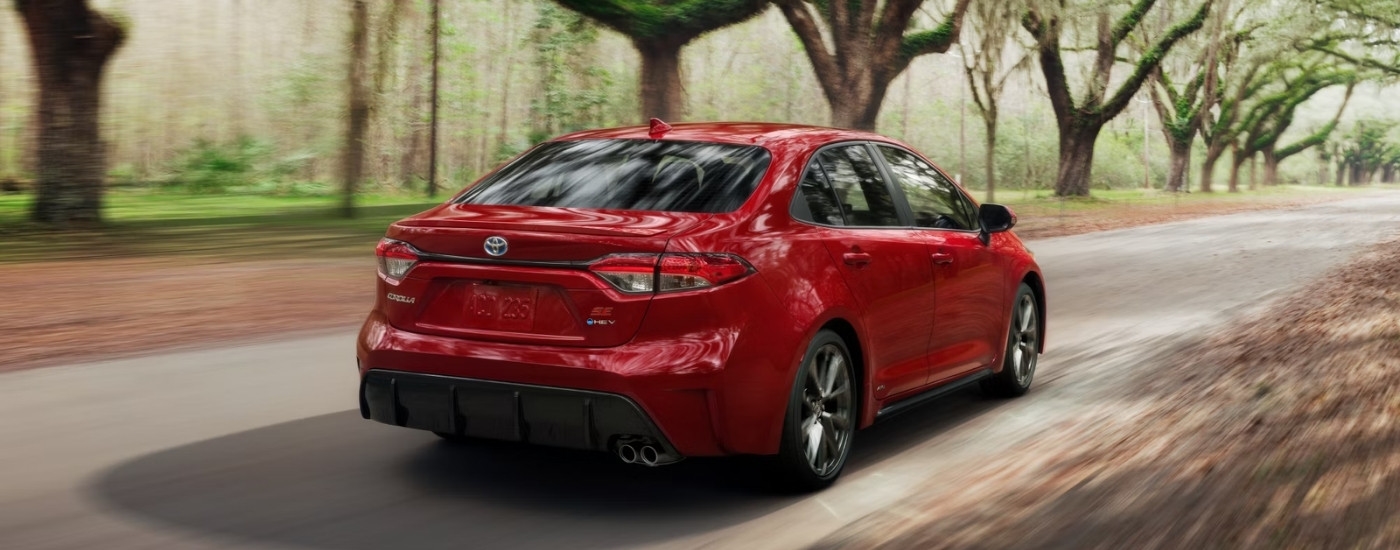 A red 2025 Toyota Corolla is shown from the rear at an angle.