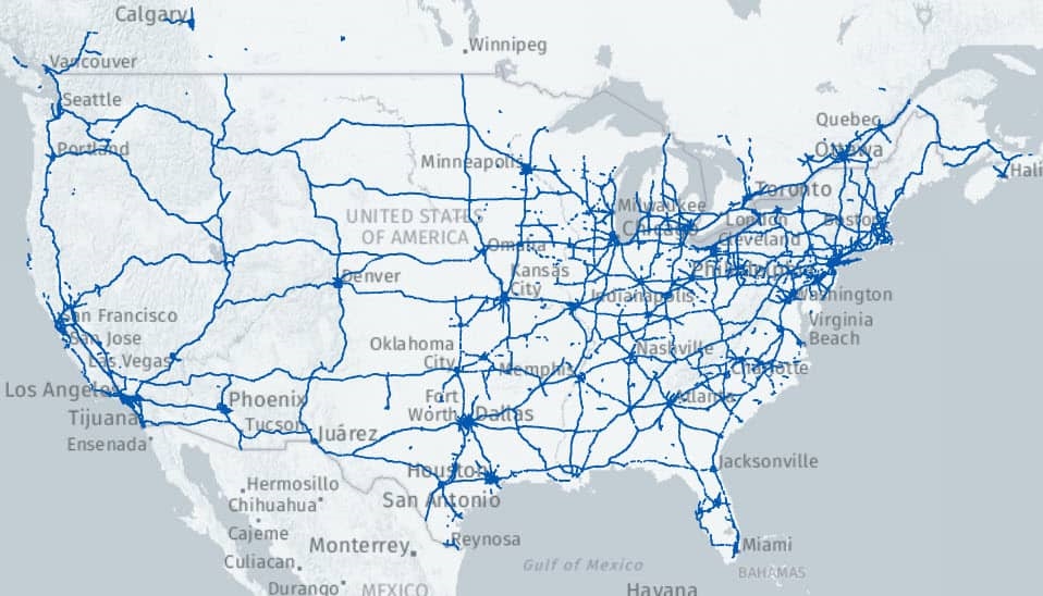 Blue Zone map showing over 130,000 miles of North American roads BlueCruise eligible