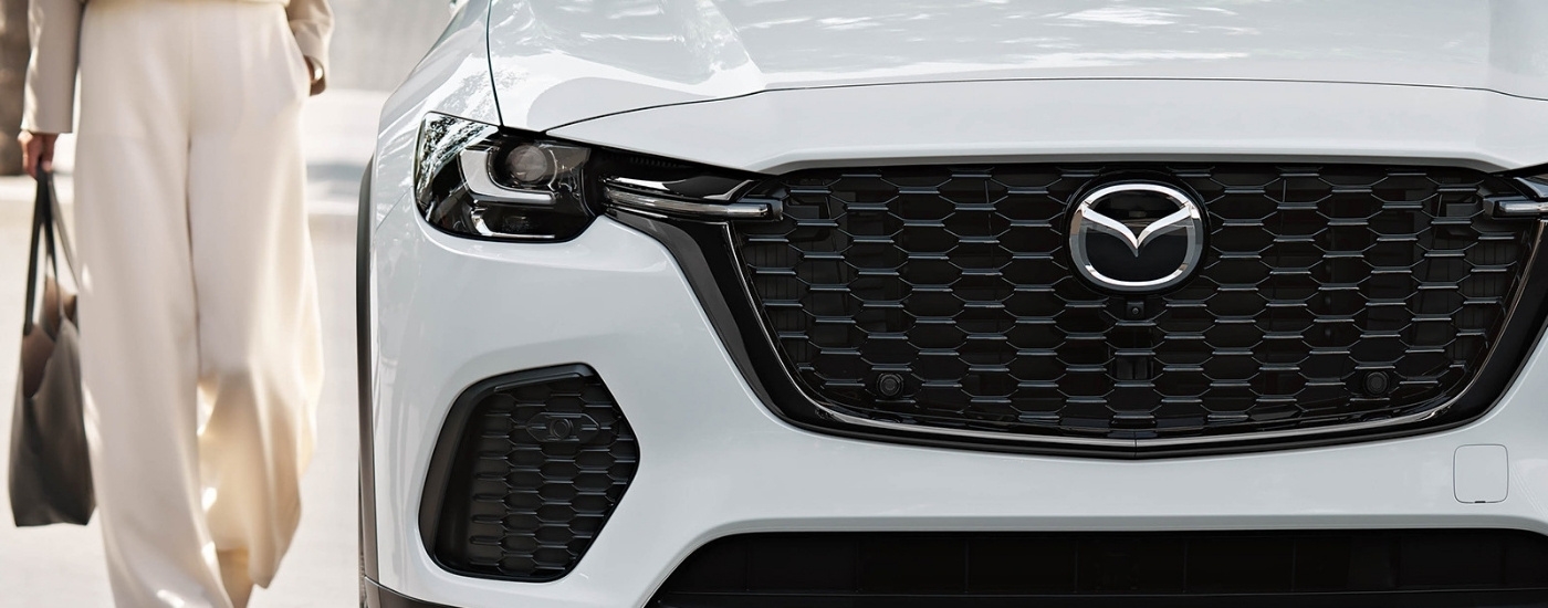 Front and of a white 2025 Mazda CX-70 PHEV.