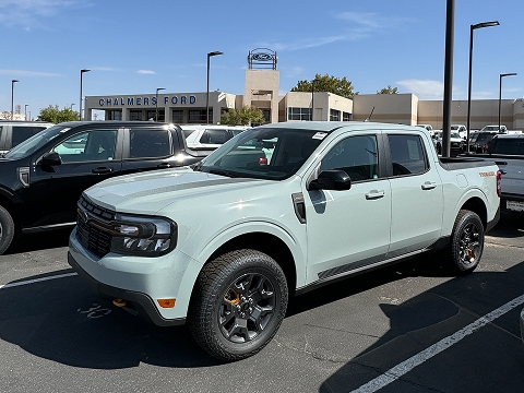 grey 2025 Ford Maverick truck parked at the Chalmers Ford dealership in Albuquerque, NM